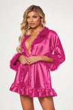 Faux Crepe Silk Robe With Marabou Trim