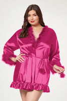 Faux Crepe Silk Robe With Marabou Trim
