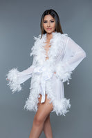 Knee Length Feather Lux Robe With Ribbon Ties