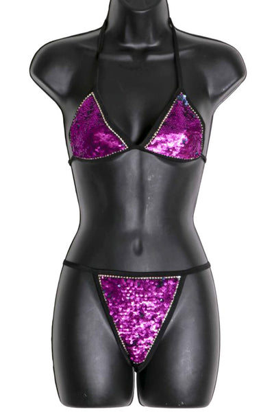 Purple Sequin Two Piece Bikini Swimwear Sets