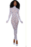 Seamless Large Rose Design Fishnet Catsuit Bodystocking