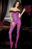 Off-the-Shoulder Leopard Print Crotchless Spandex Bodystocking