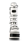 4 1/2" Metal Plated Platform Strappy Mid-Calf Boots with Front Shield Detail and Inner Side Metal Zip