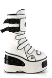 4 1/2" Metal Plated Platform Strappy Mid-Calf Boots with Front Shield Detail and Inner Side Metal Zip