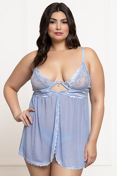 Ethereal Desire: Two-Piece Lace & Mesh Babydoll Set