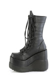 Tiered Wedge Platform Mid-Calf Boots with Coffin Tongue, Dual Lace-Up Sides & Center Zip Closure