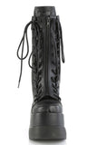 Tiered Wedge Platform Mid-Calf Boots with Coffin Tongue, Dual Lace-Up Sides & Center Zip Closure