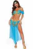 Women’s Enchanting Genie Costume, Chiffon Bra Top with Attached Sleeves & Coin Trim, Skirted Pants with Gold Waistband, Jewel Headband & Choker, 4-Piece Set