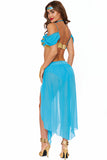 Women’s Enchanting Genie Costume, Chiffon Bra Top with Attached Sleeves & Coin Trim, Skirted Pants with Gold Waistband, Jewel Headband & Choker, 4-Piece Set