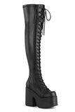 5" Chunky Heel 3" Platform Lace-Up Stretch Thigh-High Boots with Full-Length Outside Metal Zip