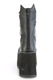 4 1/2" Platform Calf-High Boots with Screw Studs, Quilted Detail, Hanging Chains, and Back Metal Zip