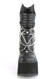 4 1/2" Platform Calf-High Boots with Screw Studs, Quilted Detail, Hanging Chains, and Back Metal Zip