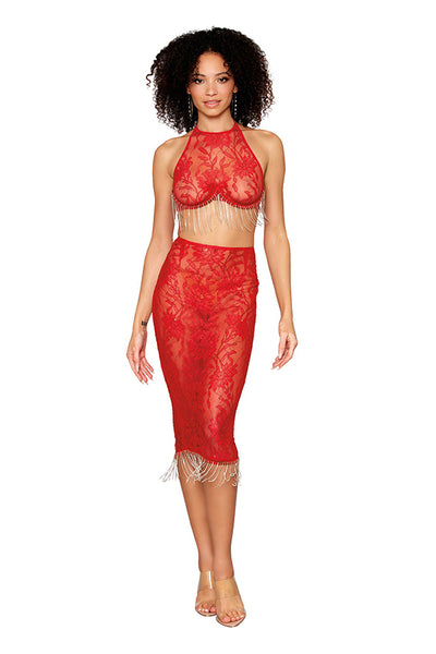 Delicate Corded Lace Bra and Slip Skirt Set