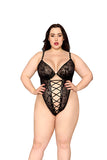 Snakeskin Knitted Stretch Lace Teddy, Sheer Mesh Front Inset Bodysuit