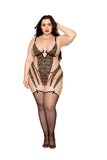 Printed flocked leopard stretch mesh garter slip and thong set