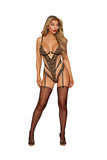 Sheer Nude Stretch Mesh and Printed Flocked Leopard Stretch Mesh Garter Teddy