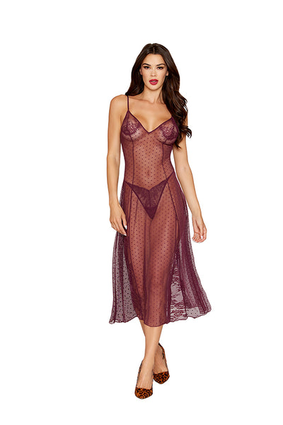 Dot Stretch Mesh and Eyelash Lace Midi-Length Gown with G-String Set