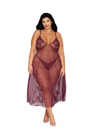 Dot Stretch Mesh and Eyelash Lace Midi-Length Gown with G-String Set