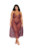 Dot Stretch Mesh and Eyelash Lace Midi-Length Gown with G-String Set