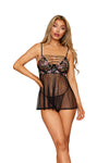 Dainty Floral Embroidery & Dot Stretch Mesh Babydoll and G-String Set