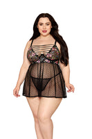 Dainty Floral Embroidery & Dot Stretch Mesh Babydoll and G-String Set