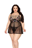 Dainty Floral Embroidery & Dot Stretch Mesh Babydoll and G-String Set