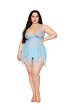 Floral Embroidery Lace and Stretch Mesh Babydoll with G-String