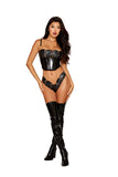 Stretch Faux-Leather Cropped Bustier and G-String Set with Leather Embroidery Mesh and Horse Bit Trim