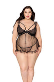 Scalloped Lace and Dot Mesh Babydoll with Fly-Away Front and G-String Set