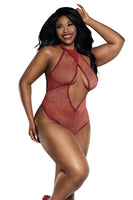 Rhinestone Crossneck Open Front Halter Teddy with O-Ring Hardware Detail