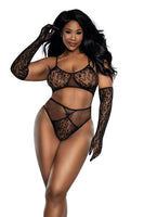 Seamless Lace Knit 3-Piece Set with Bralette, High-Waist Panty & Opera Gloves