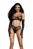 Seamless Lace Knit 3-Piece Set with Bralette, High-Waist Panty & Opera Gloves