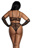 Seamless Lace Knit 3-Piece Set with Bralette, High-Waist Panty & Opera Gloves