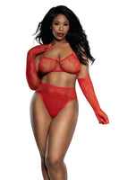 Seamless Lace Knit 3-Piece Set with Bralette, High-Waist Panty & Opera Gloves