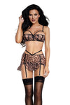 Wild Cat Leopard Print 3-Piece Skirt Set with Balconette Bra, G-string and Attached Garters