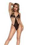 Mocha Leopard Print Flocked Mesh Teddy with Rhinestone and O-Ring Detail