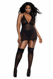 Mocha Leopard Print Flocked Mesh Nighty Set  with Garter Straps, and Matching Panty