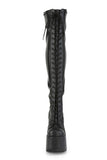 5" Chunky Heel 3" Platform Lace-Up Stretch Thigh-High Boots with Full-Length Outside Metal Zip