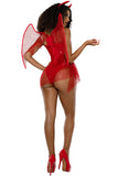Short & Sweet Devil Costume, Red Vinyl Bodysuit with Fishnet Flame Cutout & Attached Mesh Skirt, Red Mesh Wings & Horn Headband