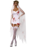 Dead Bride Costume, Bodycon Printed Denier Dress with Attached Garters, Floral Mesh Veil with Jagged Hem & Hair Clips, Halloween Cosplay Outfit