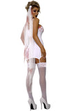Dead Bride Costume, Bodycon Printed Denier Dress with Attached Garters, Floral Mesh Veil with Jagged Hem & Hair Clips, Halloween Cosplay Outfit