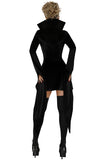 Women's Vampire Queen Costume, Black Velvet Halloween Dress with Strategic Cutouts & Printed Satin High Collar, Gothic Vampire Costume Outfit