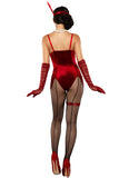 Prohibition Penny Costume, Red Velvet Bodysuit with Lurex Fringe, Ruched Mesh Gloves & Sequined Garter, Roaring 20s Flapper Outfit