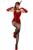Prohibition Penny Costume, Red Velvet Bodysuit with Lurex Fringe, Ruched Mesh Gloves & Sequined Garter, Roaring 20s Flapper Outfit
