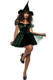Green Witch Costume, Velvet & Mesh Circle Skirt Dress with Green Glitter Details & Matching Velvet Witch Hat, Halloween Cosplay Outfit