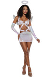 Women's Alluring Angel Costume, Iridescent Lamé Dress with Cutouts & O-Ring Detail, Matching Gauntlets and Dramatic Angel Wings
