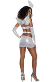 Women's Alluring Angel Costume, Iridescent Lamé Dress with Cutouts & O-Ring Detail, Matching Gauntlets and Dramatic Angel Wings