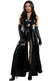 Code Breaker Babe Costume, Coated Denier Jumpsuit with Zip Front & Printed Mesh Legs, Matching Buckle Skirt and Fingerless Gloves