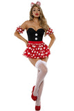 Women's Sultry Sweetheart Costume, Denier Bodysuit with Decorative Buttons & Attached Printed Mesh Ruffle Skirt, Puff Sleeves & Bow Headband