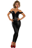 Women's Vintage Baddie Costume, Coated Denier Off-Shoulder Jumpsuit with Mesh Cutouts & Matching Belt with Metal Buckle, Halloween Party Outfit